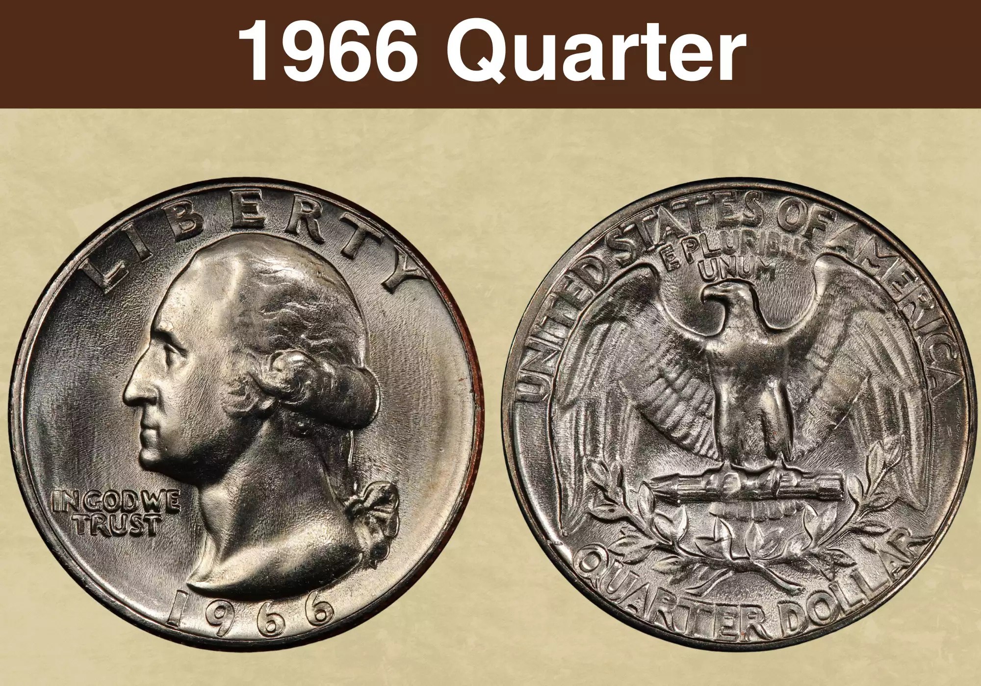 1966 Washington Quarter obverse showing no mint mark and reverse eagle; edge view showing copper stripe of clad construction