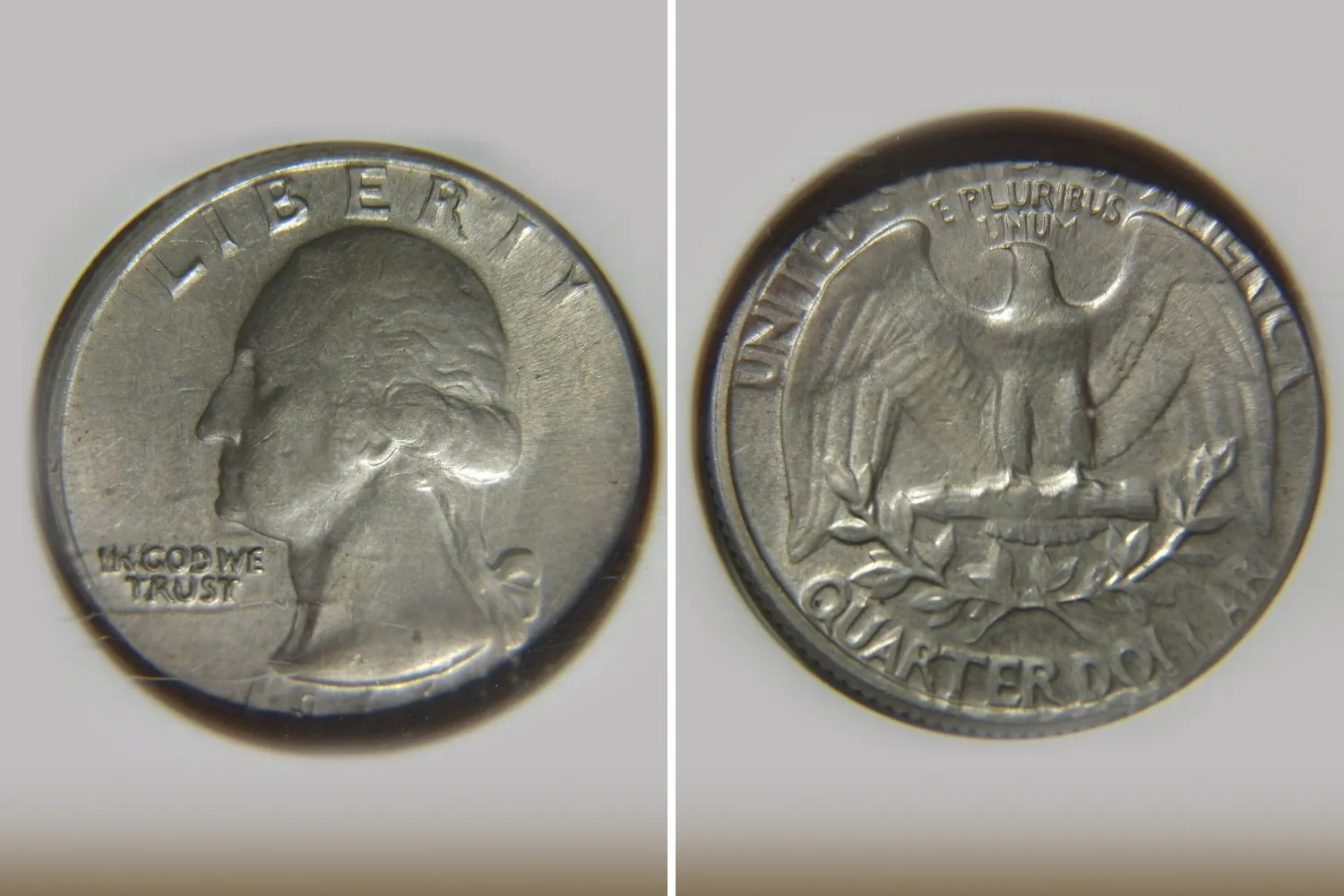 1966 quarter struck on nickel planchet showing smaller coin with missing outer design and smooth unreeded edge beside normal quarter for size comparison