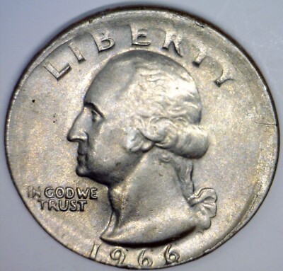 1966 Washington quarter off-center strike showing partial design with blank clad planchet crescent and full date 1966 clearly visible