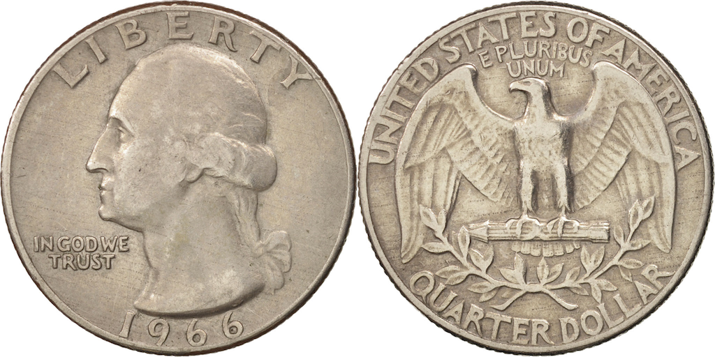 Spread of 1966 Washington quarters showing business strikes and SMS coin with edge view showing copper stripe and no mint mark area annotated